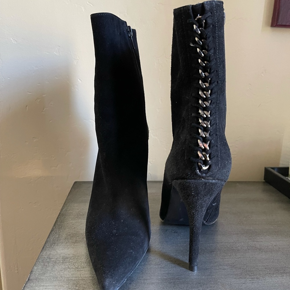Stuart Weitzman Black Suede Bootie w/ Gunmetal Chain